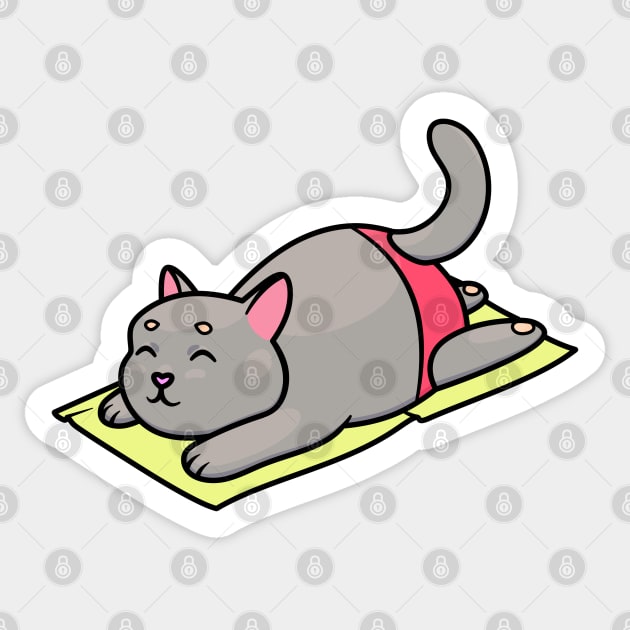 Chubby gray cat in red swimming trunks resting on a towel Sticker by 2dsandy